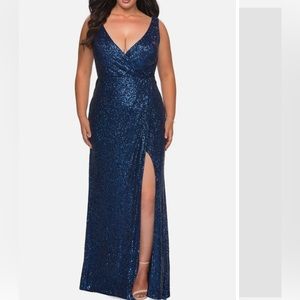 La Femme Curve Sequin Dress Gown Size 14 Women Mother Of Bride Navy Faux Wrap